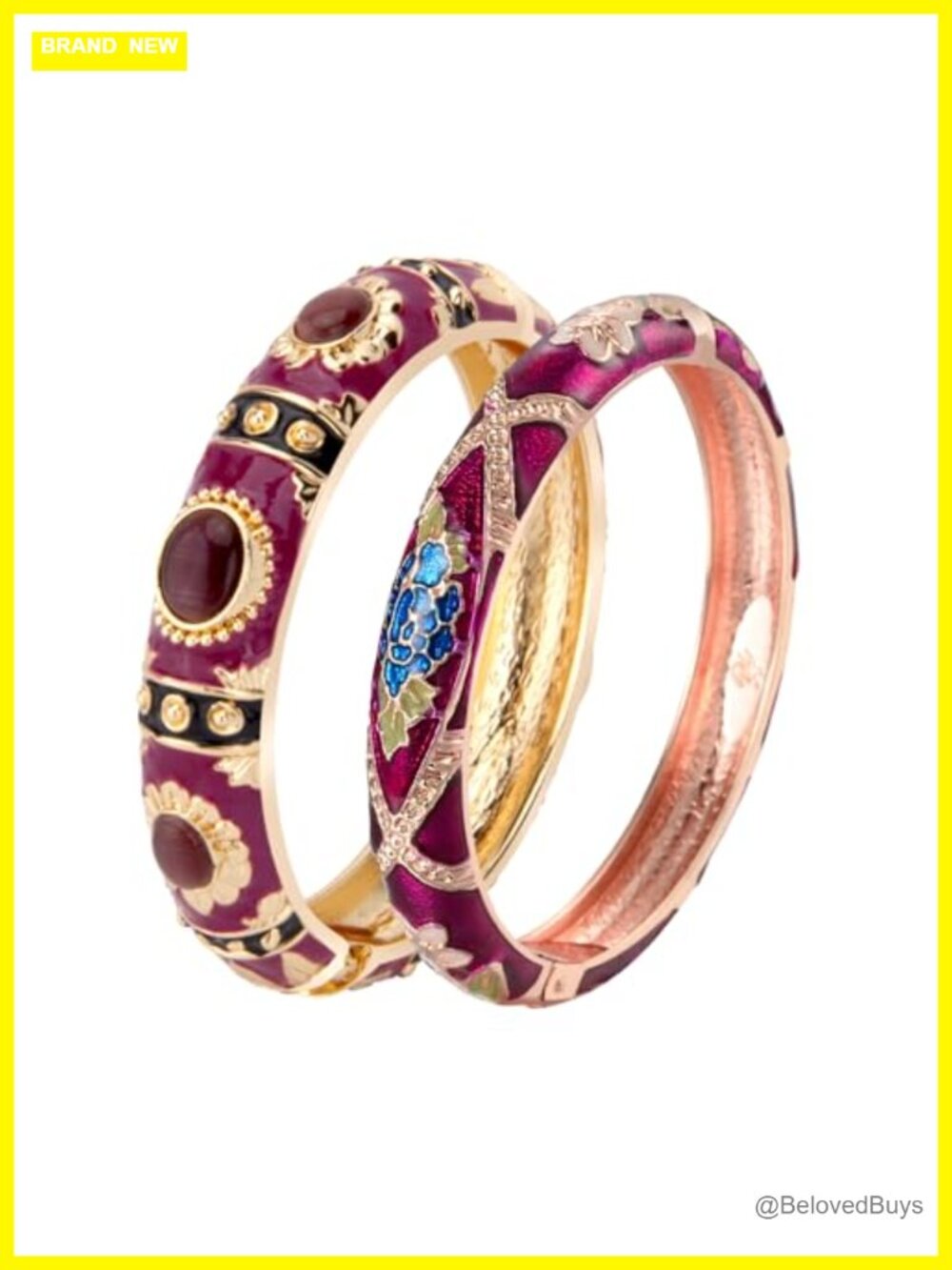 UJOY Handmade Cloisonne Cuff Bracelet Set Plated Rhinestones Enamel Spring